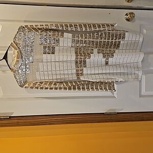 NWOT cocktail dress with gold and white color block sequence